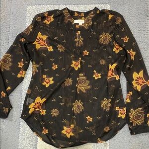 LOFT Black Blouse with Orange and Yellow Floral Pattern